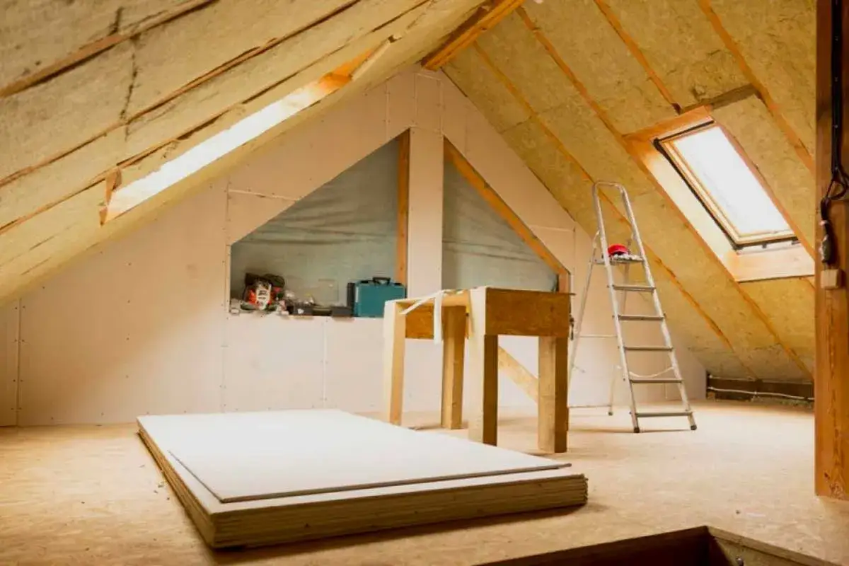 A ático en construcción, con aislamiento en el techo y paredes de yeso. Hay una escalera, una mesa de trabajo y materiales de construcción. Se siente el frío en casa.