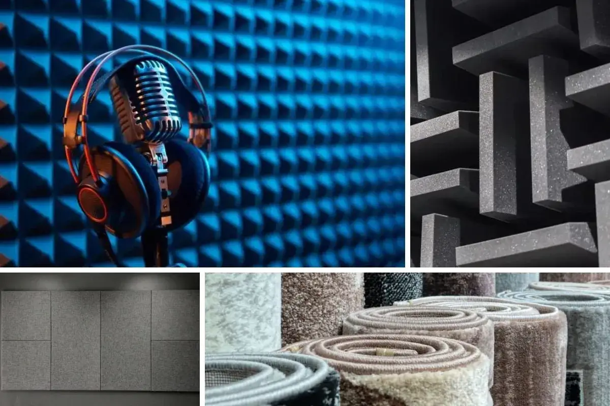 Auriculares y micr&oacute;fono en estudio con paneles ac&uacute;sticos, espuma para insonorizar una habitaci&oacute;n, y rollos de alfombras.