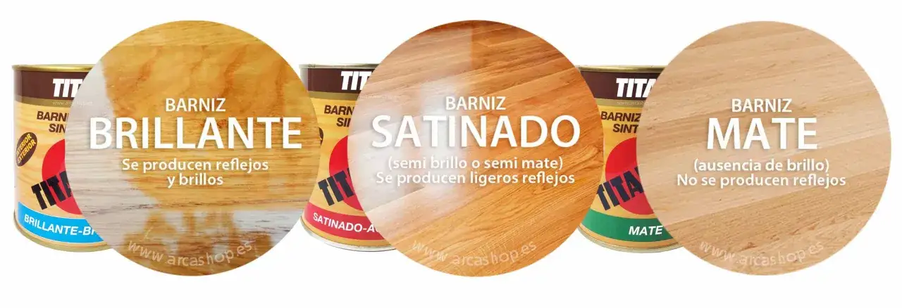 Comparativa de tipos de barniz para madera: brillante, satinado y mate. Cada uno ofrece un acabado y reflejo diferente para proteger y embellecer la madera.