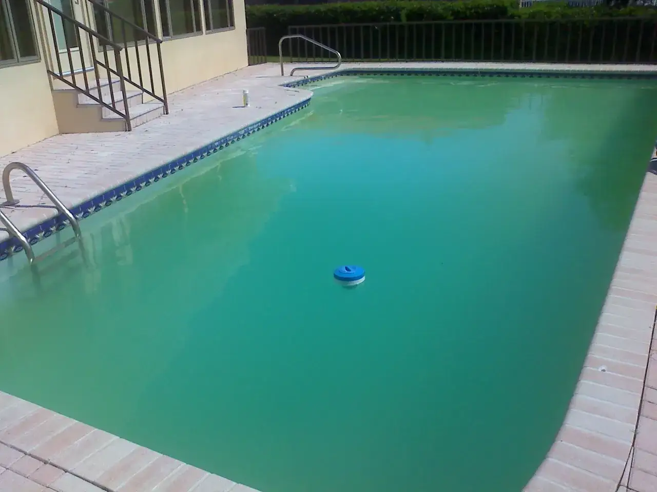 Una piscina con agua turbia y un dispensador flotante azul.