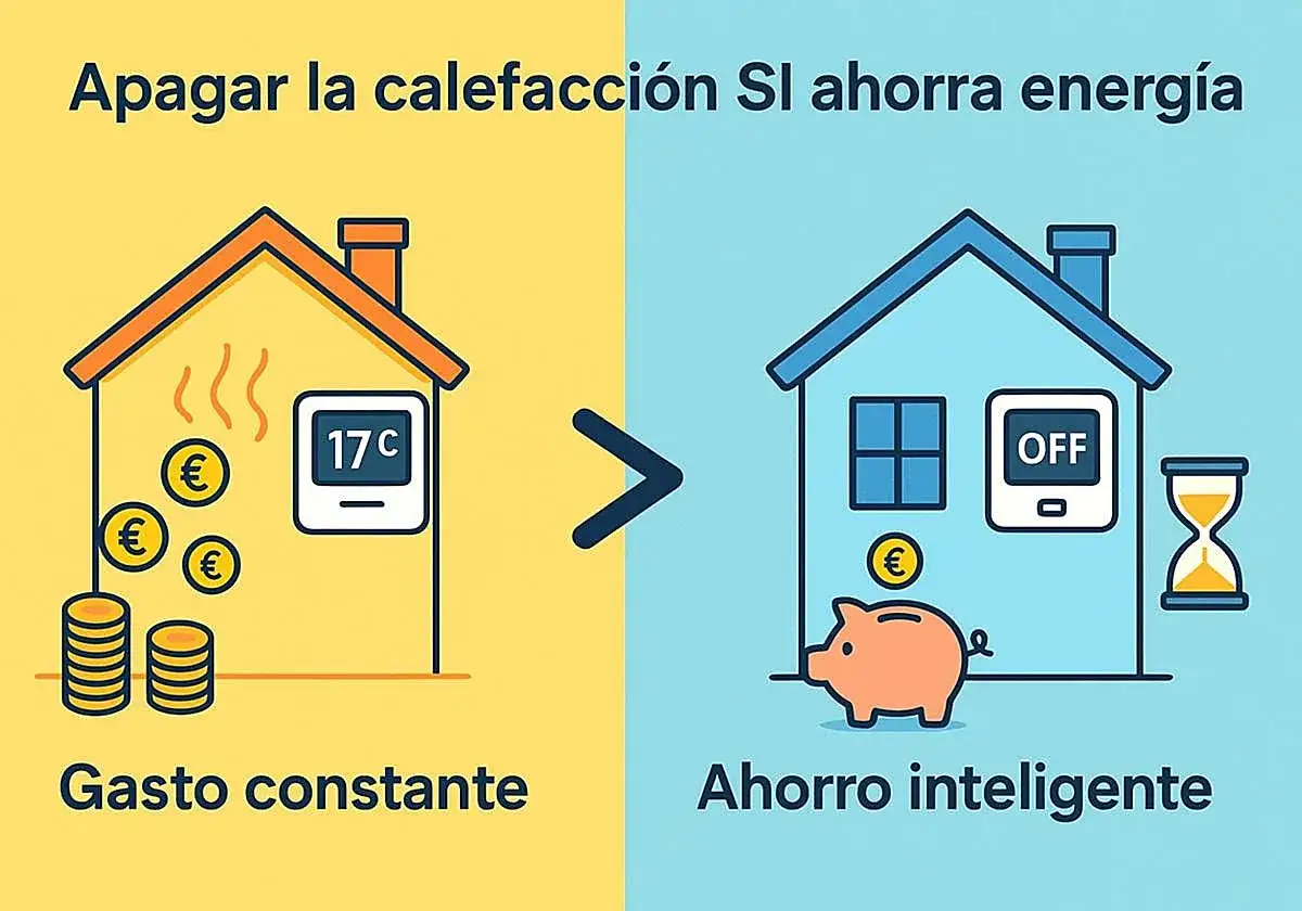 Apagar la calefacción es clave para como calentar una casa económicamente. La imagen muestra cómo apagarla genera ahorro inteligente frente a gasto constante.
