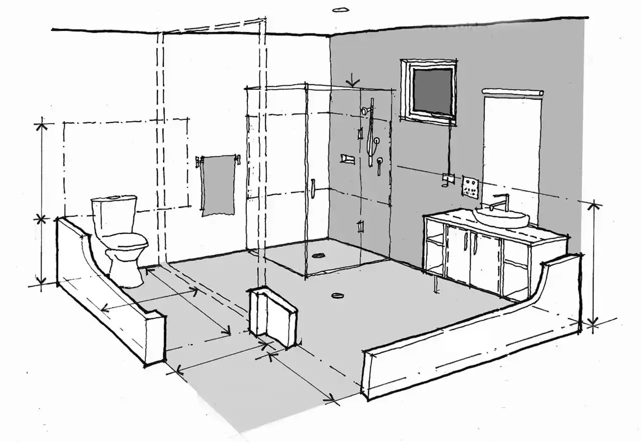 Boceto de un baño moderno con ducha, inodoro y lavabo. Se aprecian las medidas para la instalacion fontaneria baño.