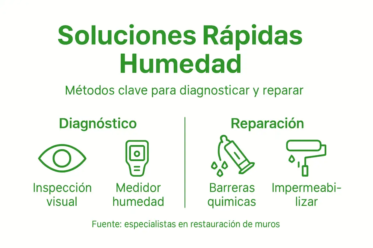 Soluciones para eliminar humedad en paredes: diagn&oacute;stico visual, medidor de humedad, barreras qu&iacute;micas e impermeabilizaci&oacute;n.