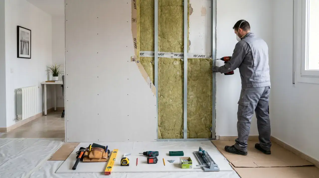 Hombre con mascarilla instala aislamiento en pared. Herramientas y materiales listos para como aislar una pared ya construida.