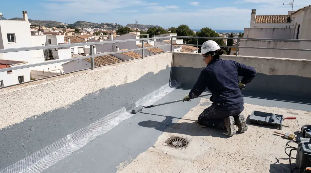 Persona aplica pintura gris con rodillo para impermeabilizar pared exterior. Se ve malla de refuerzo y herramientas.