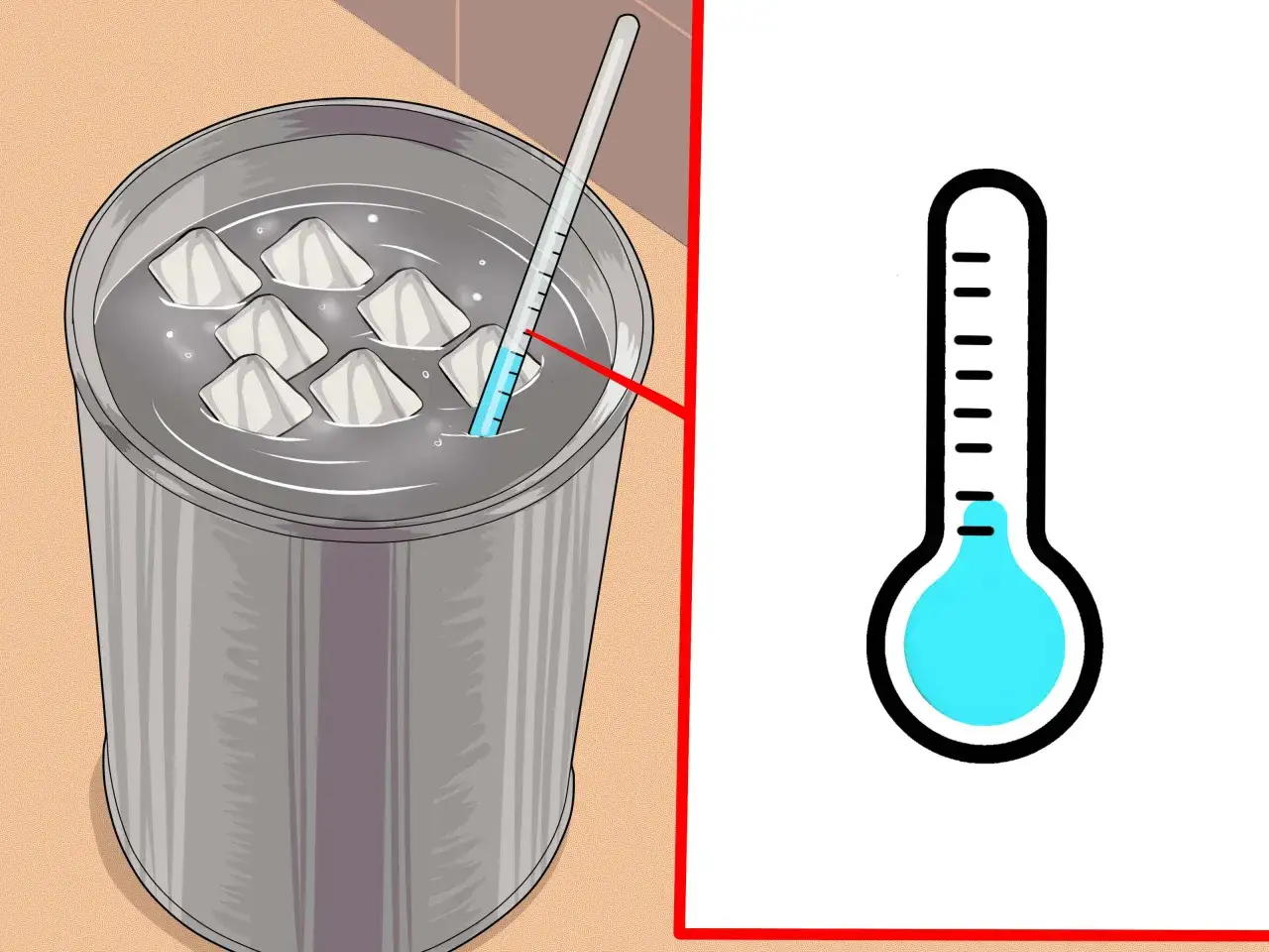 Termómetro en un recipiente con hielo y agua, útil para saber como medir la humedad en casa.