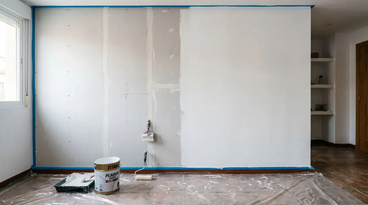 Pintar pladur es un proceso que requiere paciencia. Aqu&iacute;, una pared a medio pintar, con rodillo y brocha listos para continuar.