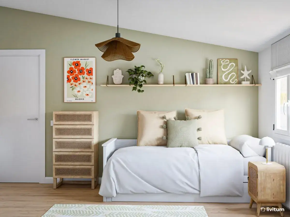 Habitaci&oacute;n juvenil con paredes verde menta, c&oacute;moda de rat&aacute;n y cama blanca. Un p&oacute;ster de flores y estanter&iacute;as decoradas. Ideal para que los adolescentes pintar su espacio.