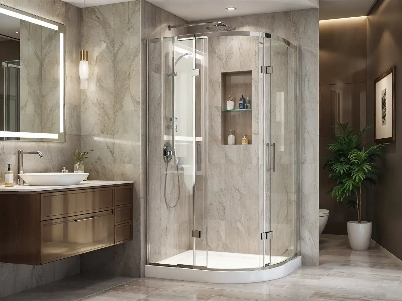 Elegante ba&ntilde;o moderno con mampara de ducha curva, lavabo flotante y planta. Explora diversos tipos de mamparas de ducha para tu hogar.