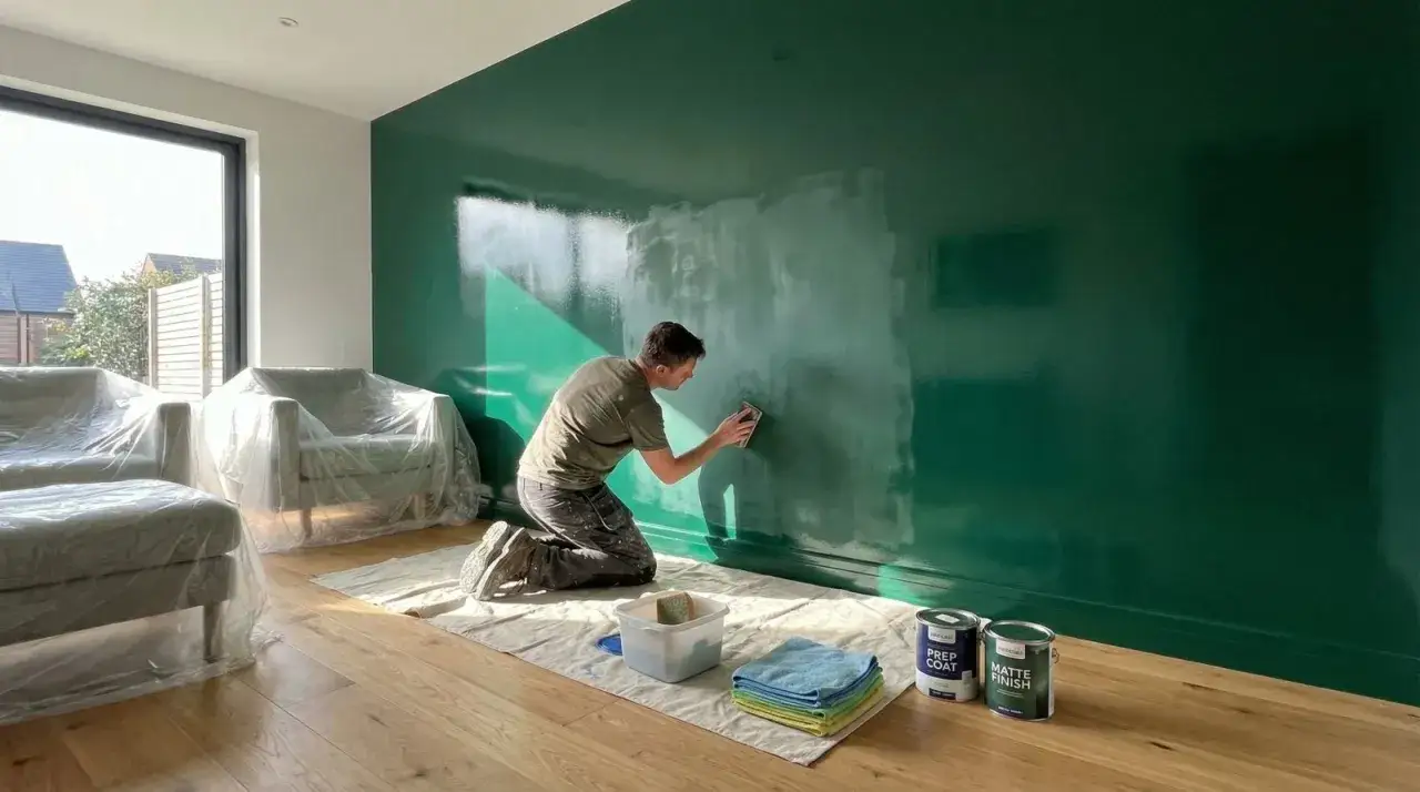 Hombre lijando pared verde brillante, prepar&aacute;ndose para pintar. Muebles cubiertos, latas de pintura a mano. Lecci&oacute;n sobre como pintar paredes.
