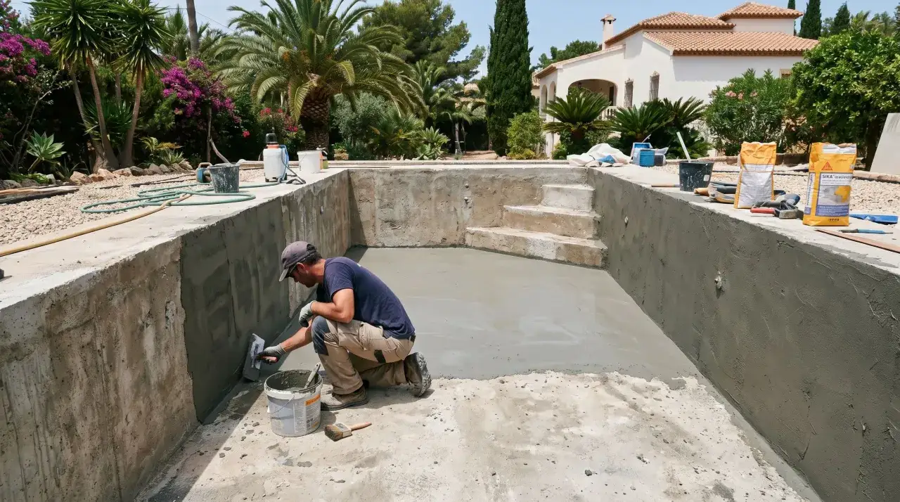 Obrero aplica mortero para impermeabilizar piscina. Se ve el proceso de construcci&oacute;n con materiales y herramientas.