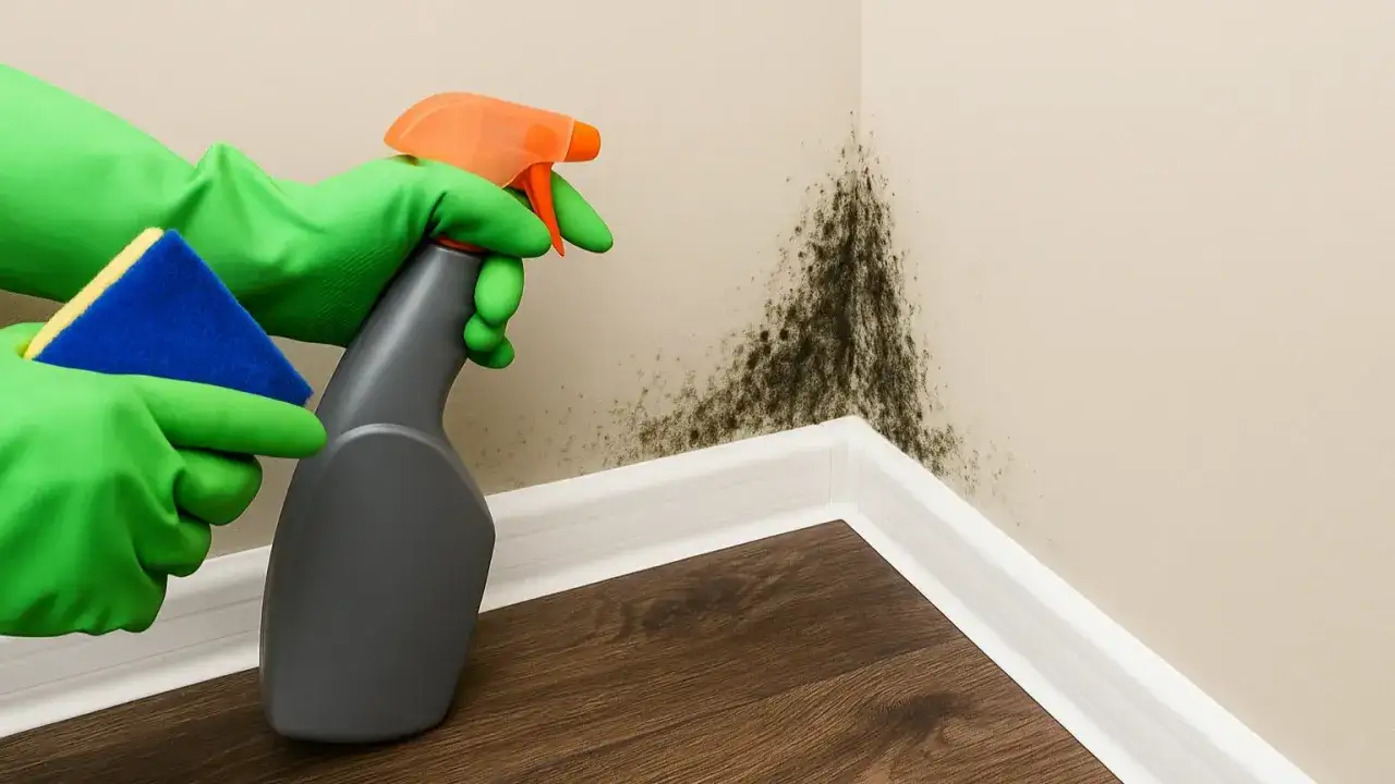 Manos con guantes verdes sostienen un pulverizador y una esponja, listos para quitar moho pared definitivamente.