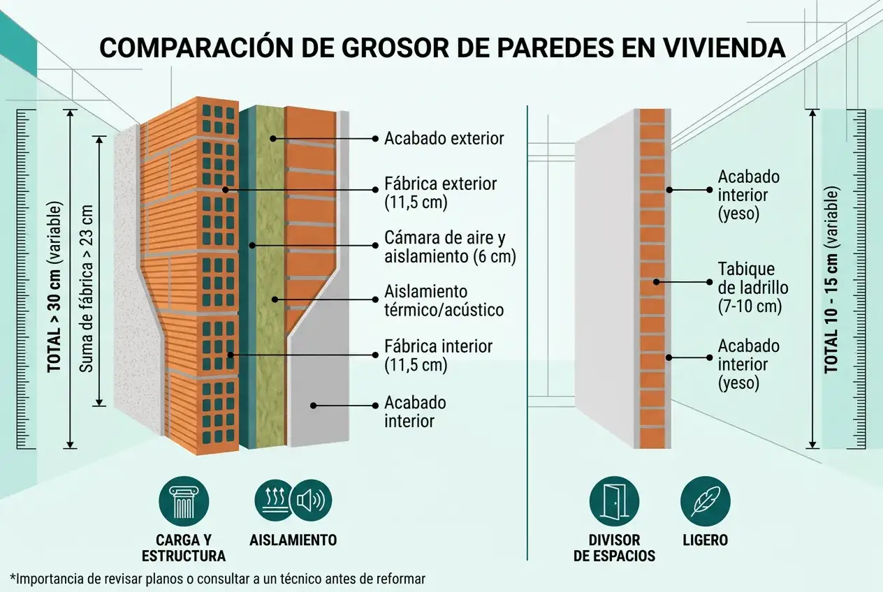 Comparaci&oacute;n de tipos de tabiques interiores: uno grueso con aislamiento y otro ligero de ladrillo.