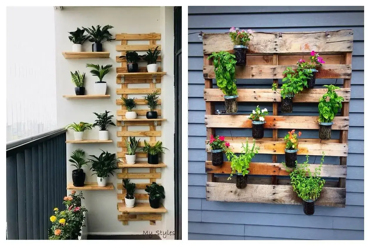 Ideas para decorar balcon con plantas en estanter&iacute;as de madera y palets.