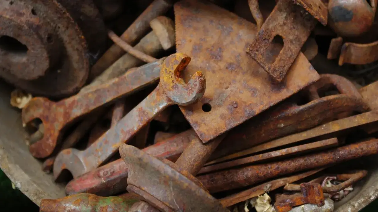 Herramientas oxidadas, como quitar el óxido del hierro de forma casera. Llaves, discos y piezas metálicas cubiertas de óxido.