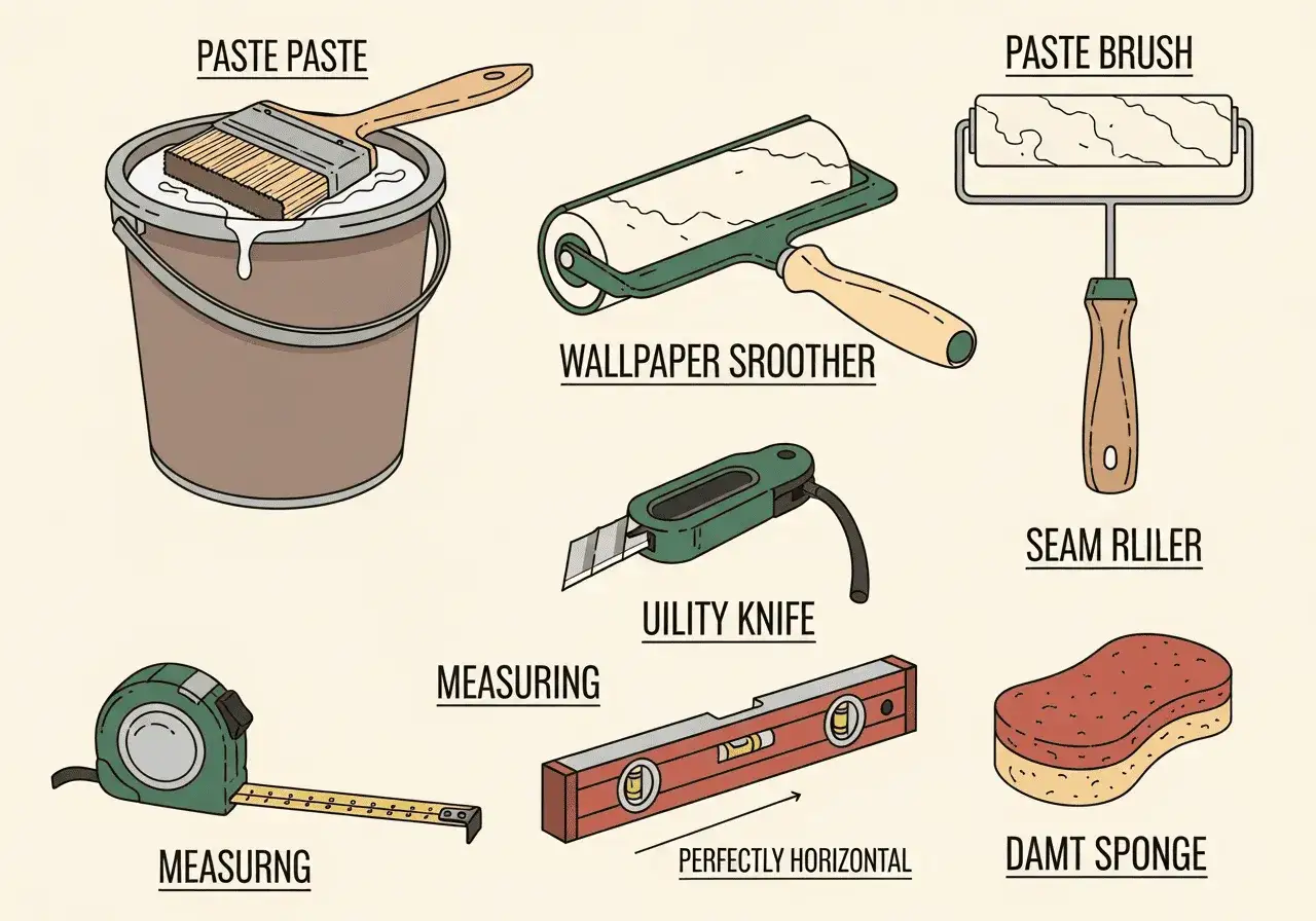 Herramientas para empapelar pared: cubeta con pasta, brocha, rodillo alisador, cúter, cinta métrica, nivel y esponja.