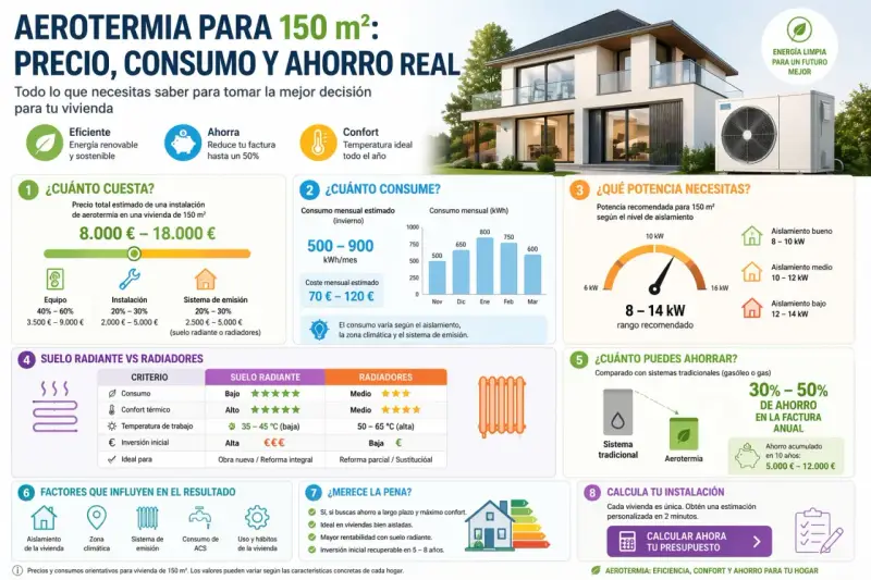 Infografía sobre aerotermia: coste, consumo y ahorro para una vivienda de 150 m². Explica qué es la aerotermia, su potencia, consumo y ahorro.