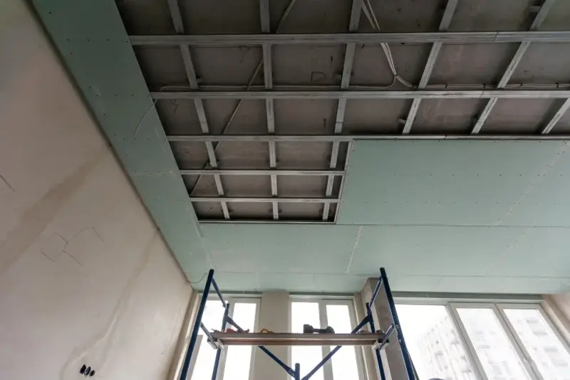 Instalación de falso techo de pladur para insonorizar habitación de ruidos de vecinos. Andamio y estructura metálica visibles.