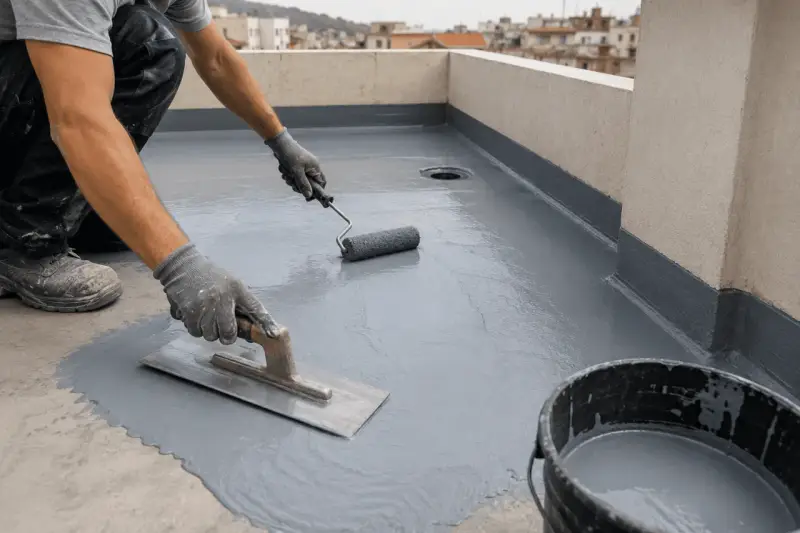 Aplicación de impermeabilizante para terrazas con rodillo y llana. Protegiendo la superficie contra la humedad.